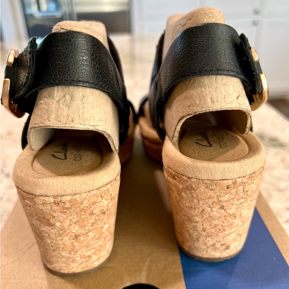 Clarks Collection Black Leather Cork Wedges "NEW" - Picture 14 of 16